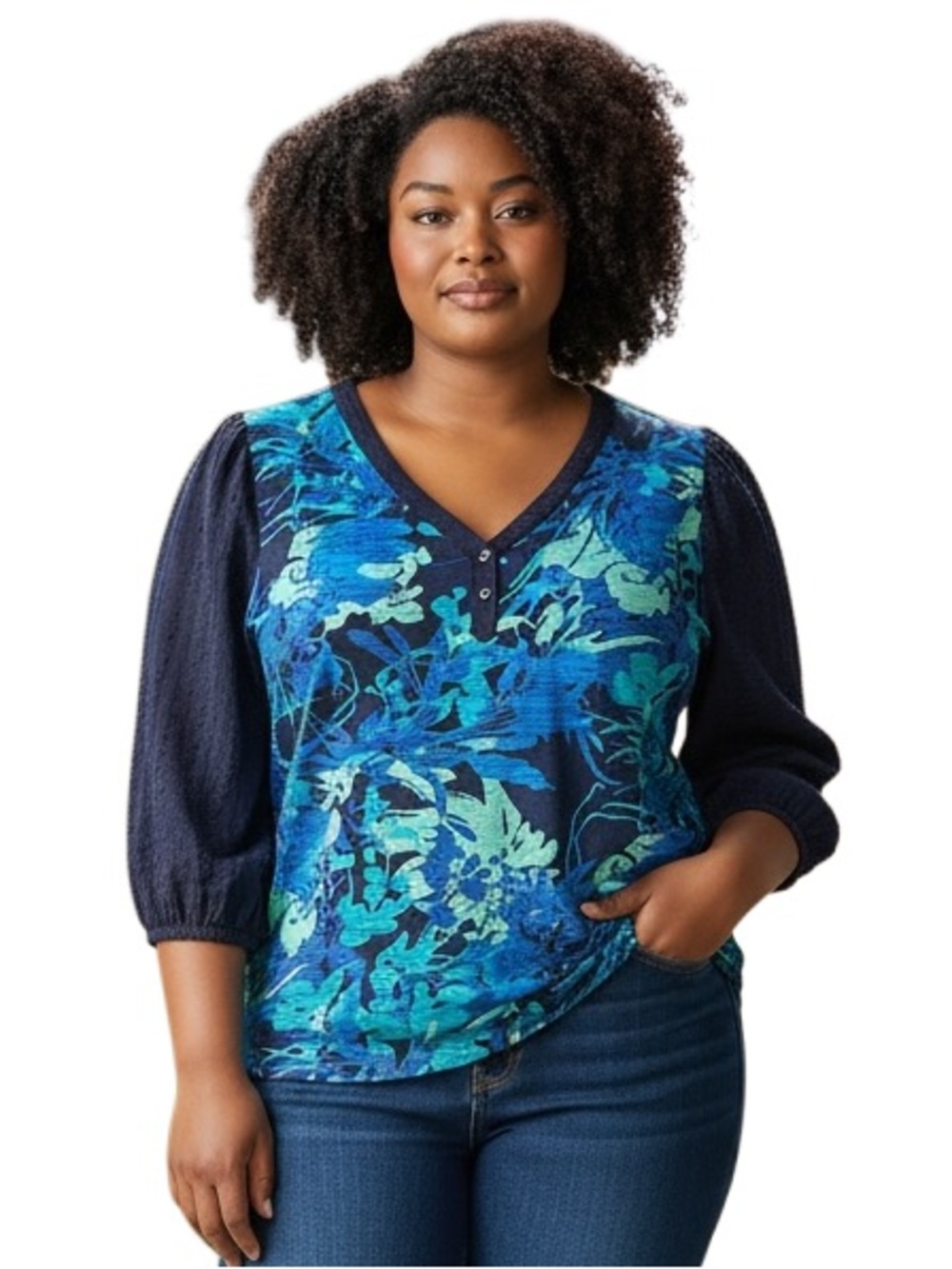 CHICO’S Blue Floral Mixed Media Cotton Henley Top